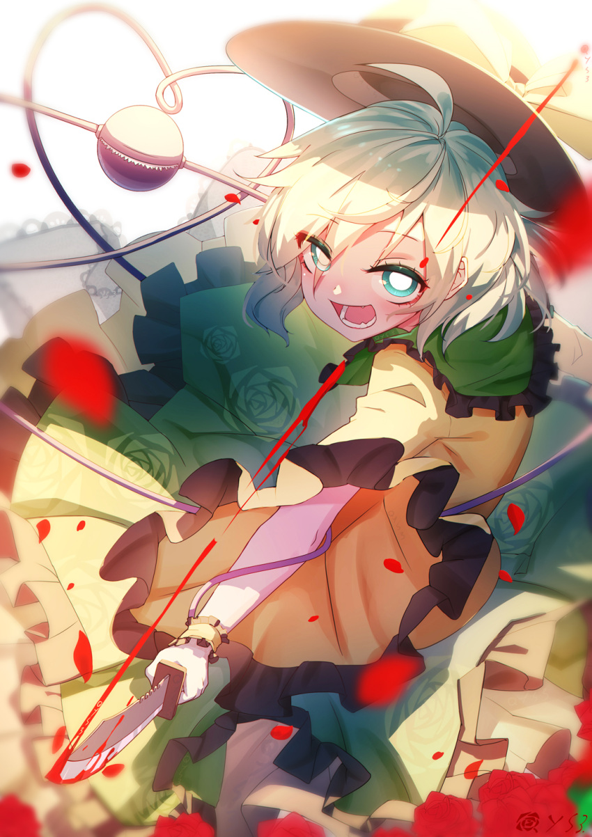 1girl bai_yemeng black_hat blood bow bright_pupils chinese_commentary commentary_request floral_print flower green_eyes green_hair green_skirt hat hat_bow heart heart_of_string highres holding holding_knife knife komeiji_koishi open_mouth petals red_flower red_rose rose rose_petals shirt short_hair simple_background skirt smile solo third_eye touhou white_background wrist_cuffs yellow_bow yellow_shirt