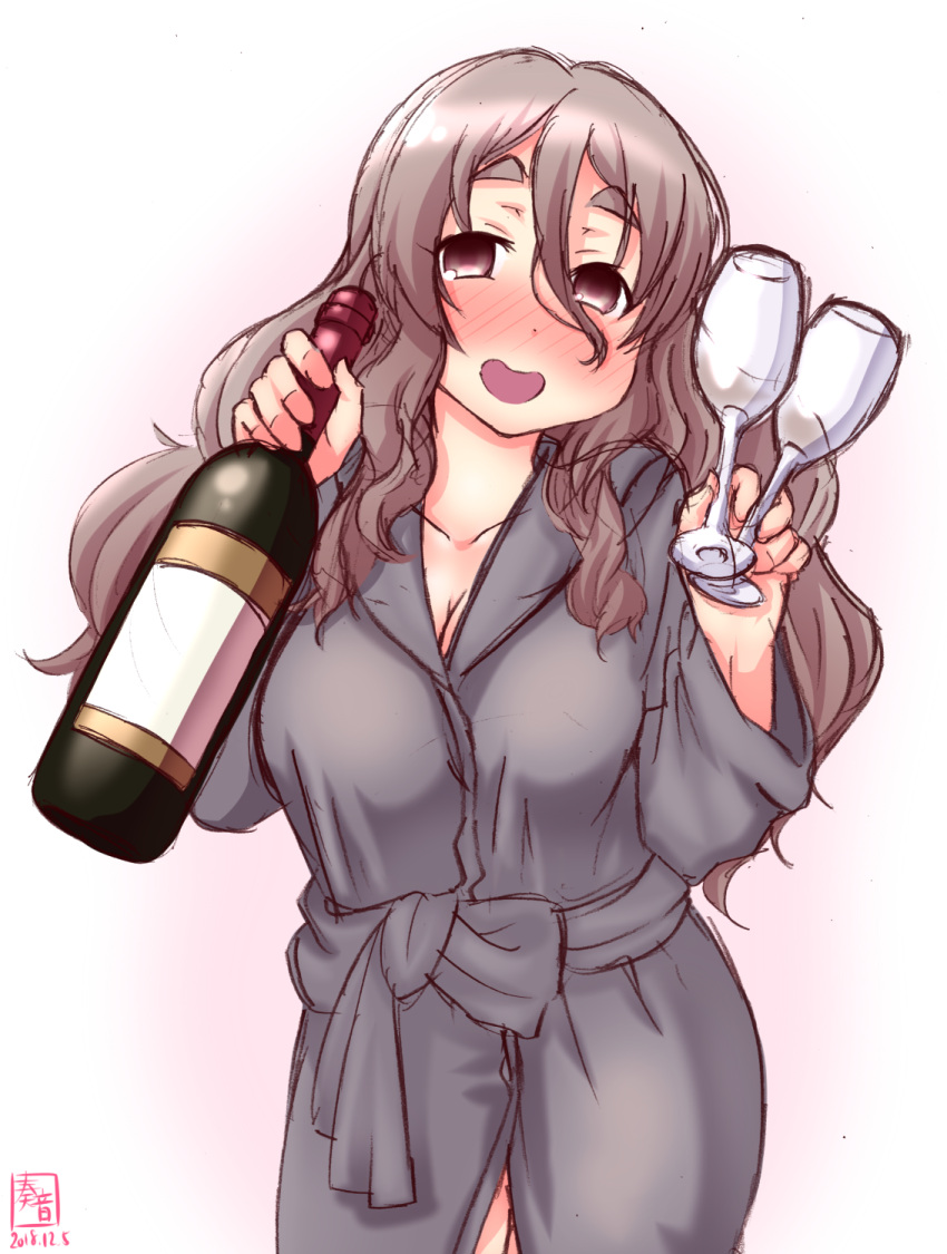 1girl alcohol alternate_costume artist_logo bath bathrobe bottle breasts brown_eyes cloth collarbone cowboy_shot cup dated drinking_glass drunk glass gradient gradient_background grey_hair highres holding holding_cup kanon_(kurogane_knights) kantai_collection long_hair looking_at_viewer medium_breasts miniskirt open_mouth pola_(kantai_collection) red_background shirt signature simple_background skirt solo towel wavy_hair white_background white_shirt wine wine_bottle