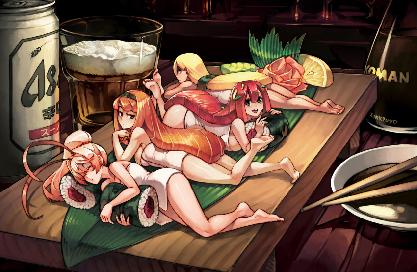 4girls :d alcohol antenna_hair artist_name asahi_breweries bare_legs barefoot beer beer_can blonde_hair breasts brown_eyes can chopsticks closed_eyes cup drinking_glass feet_up food fruit green_eyes hairband half-closed_eyes highres in_food junkpuyo kikkoman large_breasts leaf lemon lemon_slice long_hair looking_at_viewer lying makizushi minigirl multiple_girls naked_towel nigirizushi object_hug on_side on_stomach open_mouth orange_hair original personification pink_hair ponytail redhead revision sleeping smile soy_sauce sushi sushi_geta table towel