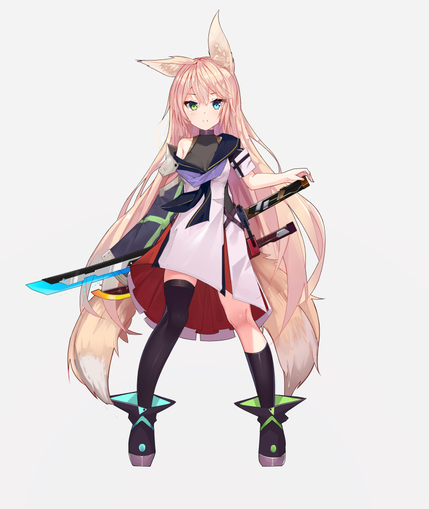 1girl absurdres animal_ears asymmetrical_clothes blonde_hair blue_eyes breasts cleavage collarbone fox_ears fox_tail full_body green_eyes heterochromia highres long_hair looking_at_viewer medium_breasts mismatched_footwear multiple_tails off_shoulder original single_thighhigh solo standing sword tail thigh-highs weapon zhongwu_chahui