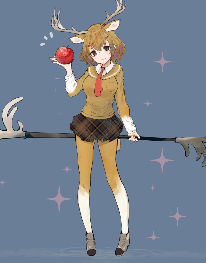 1girl animal_ears antlers apple collared_shirt commentary_request deer_ears deer_tail dnsdltkfkd food fruit full_body gradient_legwear hair_ornament hairclip highres kemono_friends light_brown_hair long_sleeves mule_deer_(kemono_friends) necktie pantyhose plaid plaid_skirt pleated_skirt sailor_collar shirt short_hair skirt sweater weapon yellow_eyes