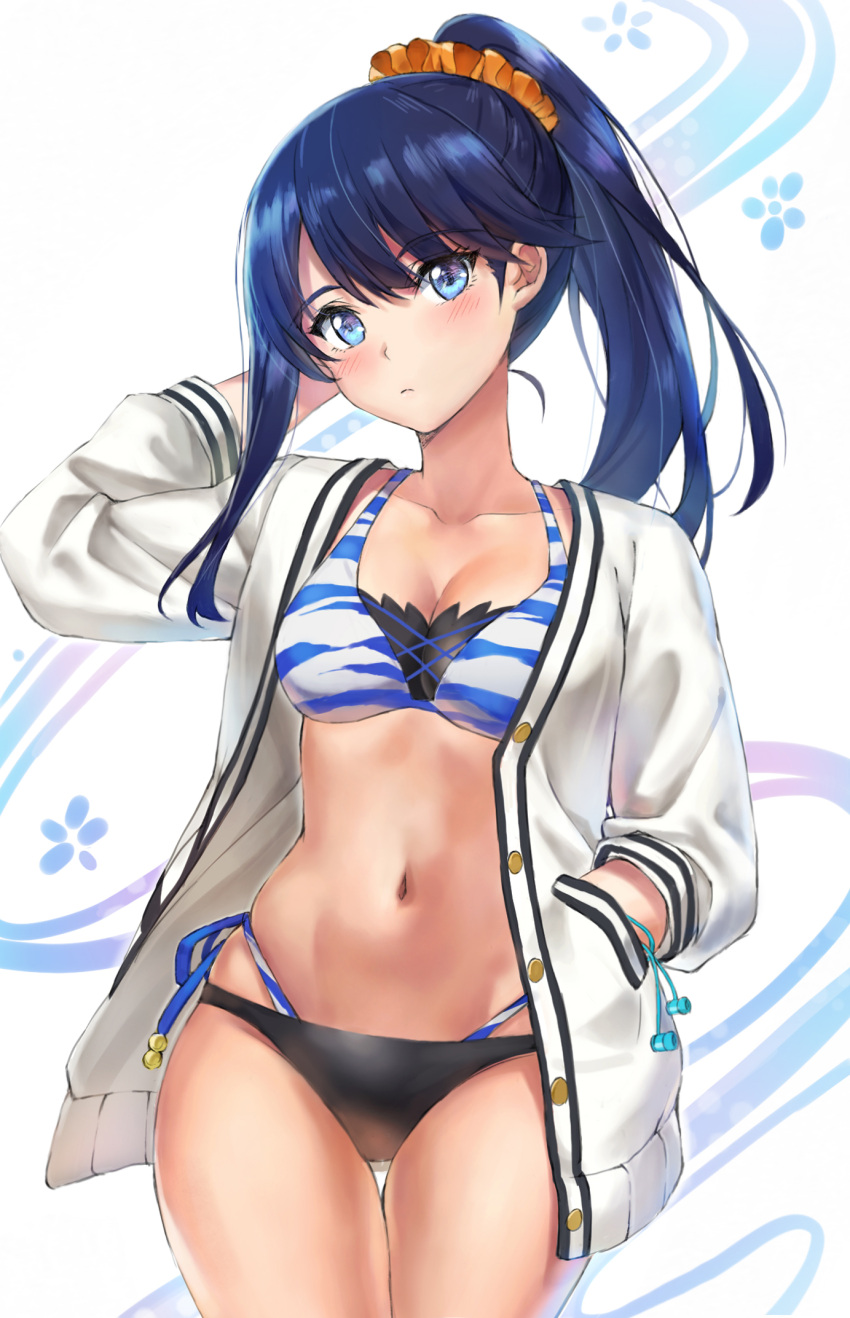 1girl bangs bikini black_bikini black_hair blue_eyes blush breasts buttons cardigan cleavage closed_mouth collarbone earphones hair_ornament hair_scrunchie hand_in_pocket highres hips layered_bikini long_hair long_sleeves looking_at_viewer medium_breasts navel open_cardigan open_clothes orange_scrunchie ponytail scrunchie side-tie_bikini solo ssss.gridman striped striped_bikini sweater swept_bangs swimsuit takarada_rikka thighs tonee white_background white_sweater