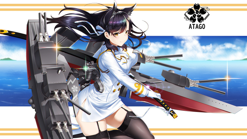 1girl absurdres animal_ears atago_(azur_lane) azur_lane black_hair breasts commentary_request highres kagiyama_(gen'ei_no_hasha) katana long_hair machinery military military_uniform orange_eyes solo sword thigh-highs uniform weapon