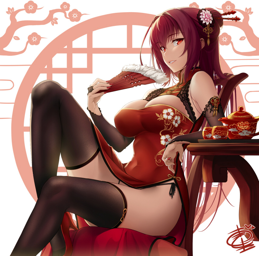 1girl black_legwear black_panties breasts chair china_dress chinese_clothes cleavage covered_navel cup dress fan fate/grand_order fate_(series) fingernails floral_print folding_fan hair_ornament hair_stick heart highres indoors knee_up large_breasts leaning_back long_hair looking_at_viewer nail_polish okitakung panties parted_lips purple_hair red_dress red_eyes red_nails scathach_(fate)_(all) scathach_(fate/grand_order) side-tie_panties side_slit sitting smile solo string_panties table teapot thigh-highs underwear white_background