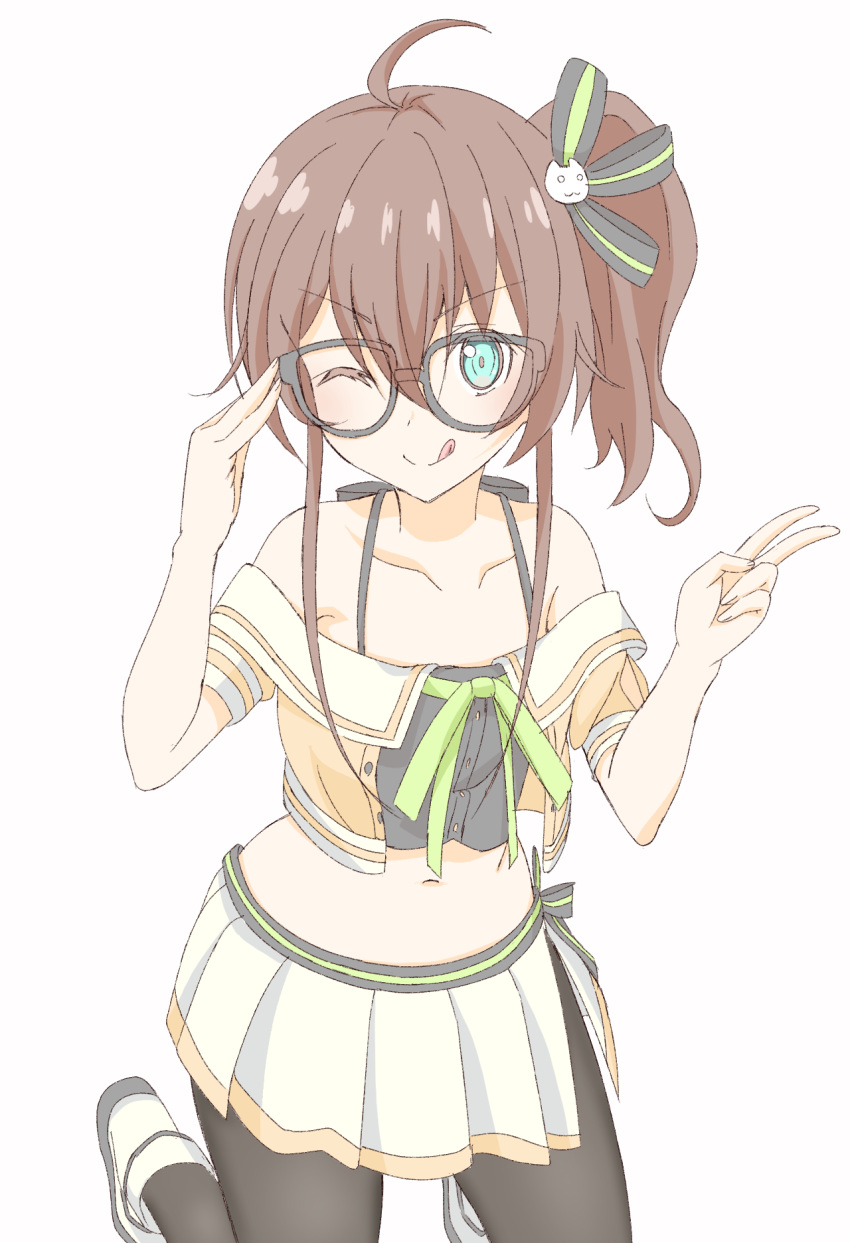 1girl :p adjusting_eyewear ahoge bespectacled blue_eyes breasts brown_hair collarbone glasses graphite_(medium) hair_between_eyes hair_ribbon highres hololive looking_at_viewer midriff natsuiro_matsuri navel one_eye_closed pantyhose ribbon simple_background tongue tongue_out toratora_(nanahaba) traditional_media v virtual_youtuber white_background