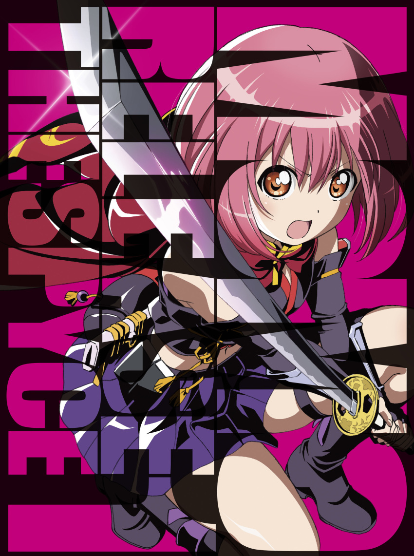 1girl absurdres boots brown_eyes elbow_gloves fingerless_gloves gloves highres katana looking_at_viewer midriff minamoto_momo miniskirt navel official_art one_knee open_mouth pink_hair pleated_skirt release_the_spyce short_hair simple_background skirt solo sword weapon