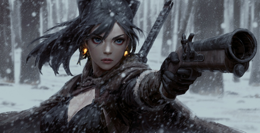 1girl absurdres bangs black_bra black_gloves blue_eyes blurry blurry_background bow bra breasts brown_cape cape commentary depth_of_field earrings eyeshadow finger_on_trigger foreshortening forest gloves gun guweiz hair_bow highres holding holding_gun holding_weapon jewelry katana long_hair long_sleeves looking_at_viewer makeup medium_breasts musket nature original parted_lips perspective ponytail snow snowing solo sword symbol_commentary tree underwear upper_body weapon weapon_on_back