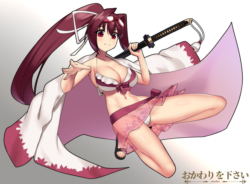 bare_arms bare_shoulders bikini blush breasts cleavage closed_mouth commentary commission cowfee english_commentary eyebrows_visible_through_hair goggles goggles_on_head gradient gradient_background grey_background highres holding holding_sword holding_weapon jacket_on_shoulders katana large_breasts long_hair looking_at_viewer navel over_shoulder ponytail red_eyes redhead sandals signature smile swimsuit sword under_night_in-birth very_long_hair weapon weapon_over_shoulder white_bikini yuzuriha_(under_night_in-birth)