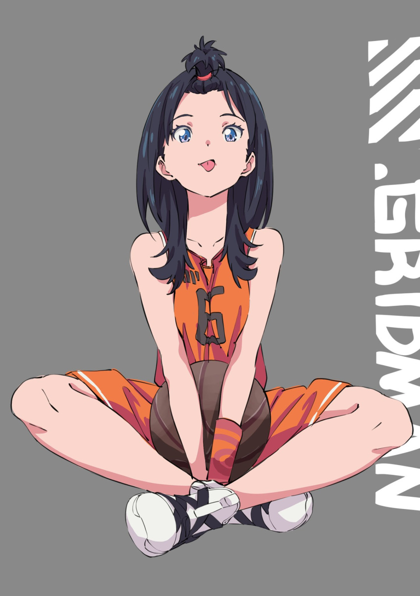 1girl basketball basketball_uniform black_hair blue_eyes forehead highres indian_style jersey kengo long_hair shoes shorts sitting sneakers sportswear ssss.gridman takarada_rikka tongue tongue_out