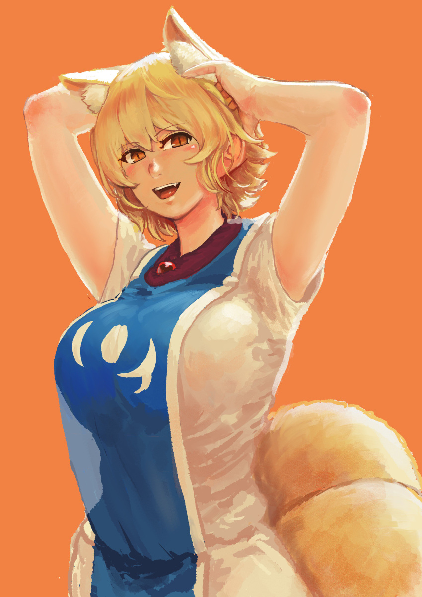 1girl :d absurdres animal_ear_fluff animal_ears blonde_hair breasts chanta_(ayatakaoisii) fang fox_ears fox_tail hands_up highres large_breasts looking_at_viewer multiple_tails open_mouth orange_background orange_eyes shirt short_hair short_sleeves slit_pupils smile solo tabard tail touhou white_shirt yakumo_ran