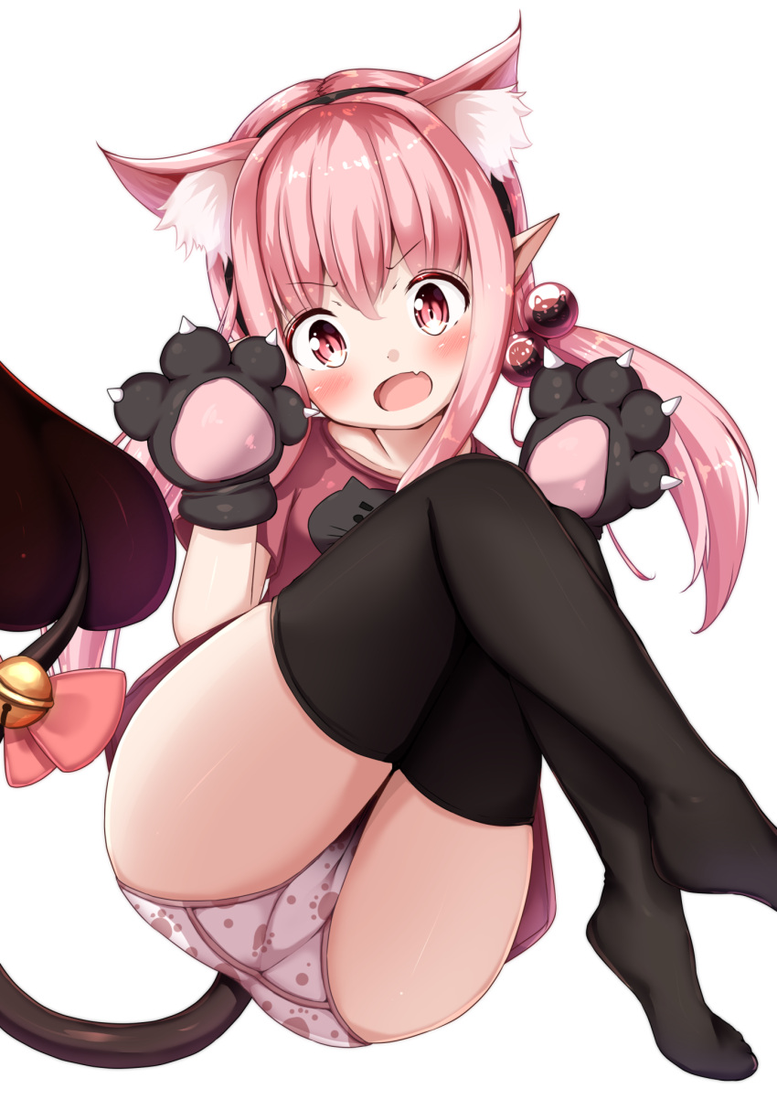 1girl :d animal_ear_fluff animal_ears animal_print ass bangs bell black_hairband black_legwear blush bow cat_ears cat_print commentary_request demon_girl demon_tail eyebrows_visible_through_hair fang gloves hair_between_eyes hair_bobbles hair_ornament hairband hands_up head_tilt highres jingle_bell long_hair mochiyuki no_shoes open_mouth original panties paw_gloves paws pink_bow pink_hair pointy_ears print_panties print_skirt red_eyes red_shirt shirt short_sleeves simple_background skirt smile solo succubus tail tail_bell tail_bow tail_raised thigh-highs twintails underwear v-shaped_eyebrows white_background white_panties