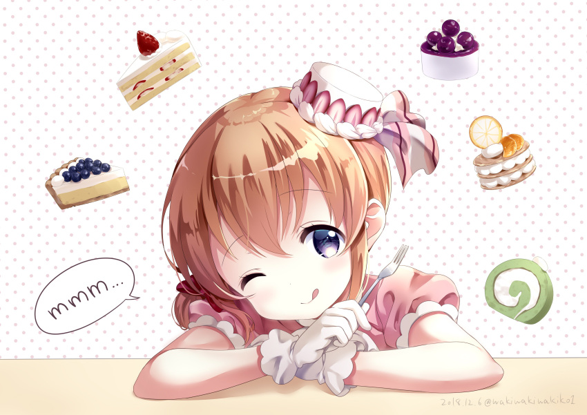 1girl ;q absurdres blueberry bow cake cake_hair_ornament chin_rest commentary_request dated food food_request food_themed_hair_ornament fork fruit gloves gochuumon_wa_usagi_desu_ka? hair_between_eyes hair_bow hair_ornament head_tilt highres hoto_cocoa light_brown_hair looking_at_viewer medium_hair neki_(wakiko) one_eye_closed orange polka_dot polka_dot_background puffy_short_sleeves puffy_sleeves red_bow short_sleeves solo speech_bubble strawberry strawberry_shortcake tongue tongue_out twitter_username violet_eyes white_gloves