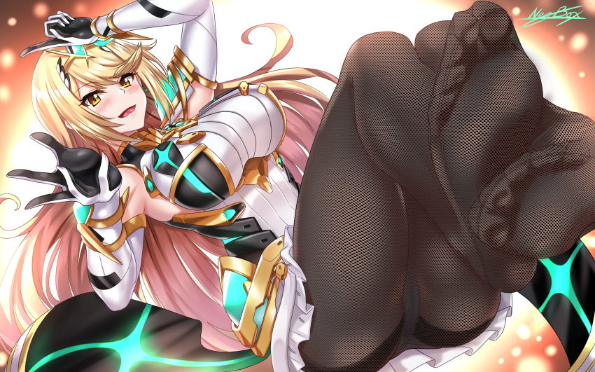 1girl absurdres armor ass bangs black_legwear blonde_hair blush breasts dress earrings elbow_gloves feet gem gloves headpiece highres mythra_(xenoblade) hips huge_filesize jewelry large_breasts legs long_hair looking_at_viewer nez-kun nintendo no_shoes open_mouth panties pantyhose short_dress signature smile soles solo swept_bangs thighband_pantyhose thighs tiara toes underwear very_long_hair white_dress white_gloves white_panties xenoblade_(series) xenoblade_2 yellow_eyes