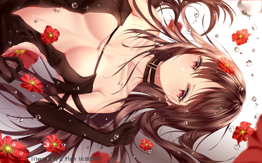 1girl absurdres bangs black_dress black_gloves blurry blurry_foreground blush breasts brown_hair collarbone commentary_request consort_yu_(fate) depth_of_field dress dutch_angle elbow_gloves eyebrows_visible_through_hair fate/grand_order fate_(series) flower gloves hair_between_eyes hand_up highres junpaku_karen long_hair navel parted_lips pixiv_id red_eyes red_flower revealing_clothes revision small_breasts solo strapless strapless_dress very_long_hair water_drop white_background
