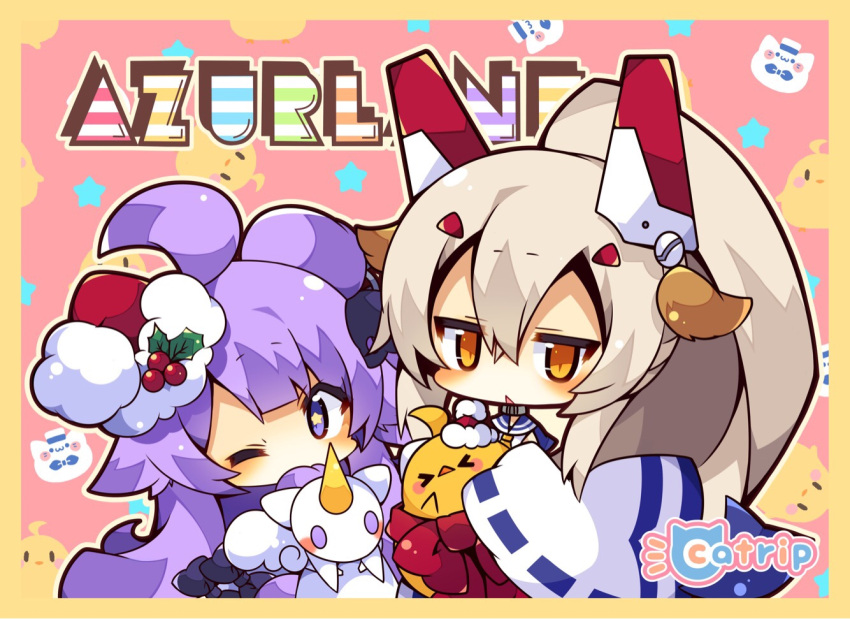 &gt;_&lt; 2girls :&lt; ahoge animal ayanami_(azur_lane) azur_lane bangs bird black_bow black_ribbon blush border bow brown_border chick closed_eyes commentary_request copyright_name eyebrows_visible_through_hair facing_viewer fur-trimmed_hat fur_trim hair_between_eyes hair_bun hair_ornament hair_ribbon hairclip hat headgear high_ponytail light_brown_hair long_hair long_sleeves looking_at_viewer multiple_girls muuran object_hug one_eye_closed orange_eyes parted_lips ponytail purple_hair red_hat remodel_(azur_lane) ribbon ribbon-trimmed_sleeves ribbon_trim santa_hat side_bun sleeves_past_fingers sleeves_past_wrists star star-shaped_pupils stuffed_alicorn symbol-shaped_pupils tilted_headwear triangle_mouth unicorn_(azur_lane) very_long_hair violet_eyes wide_sleeves