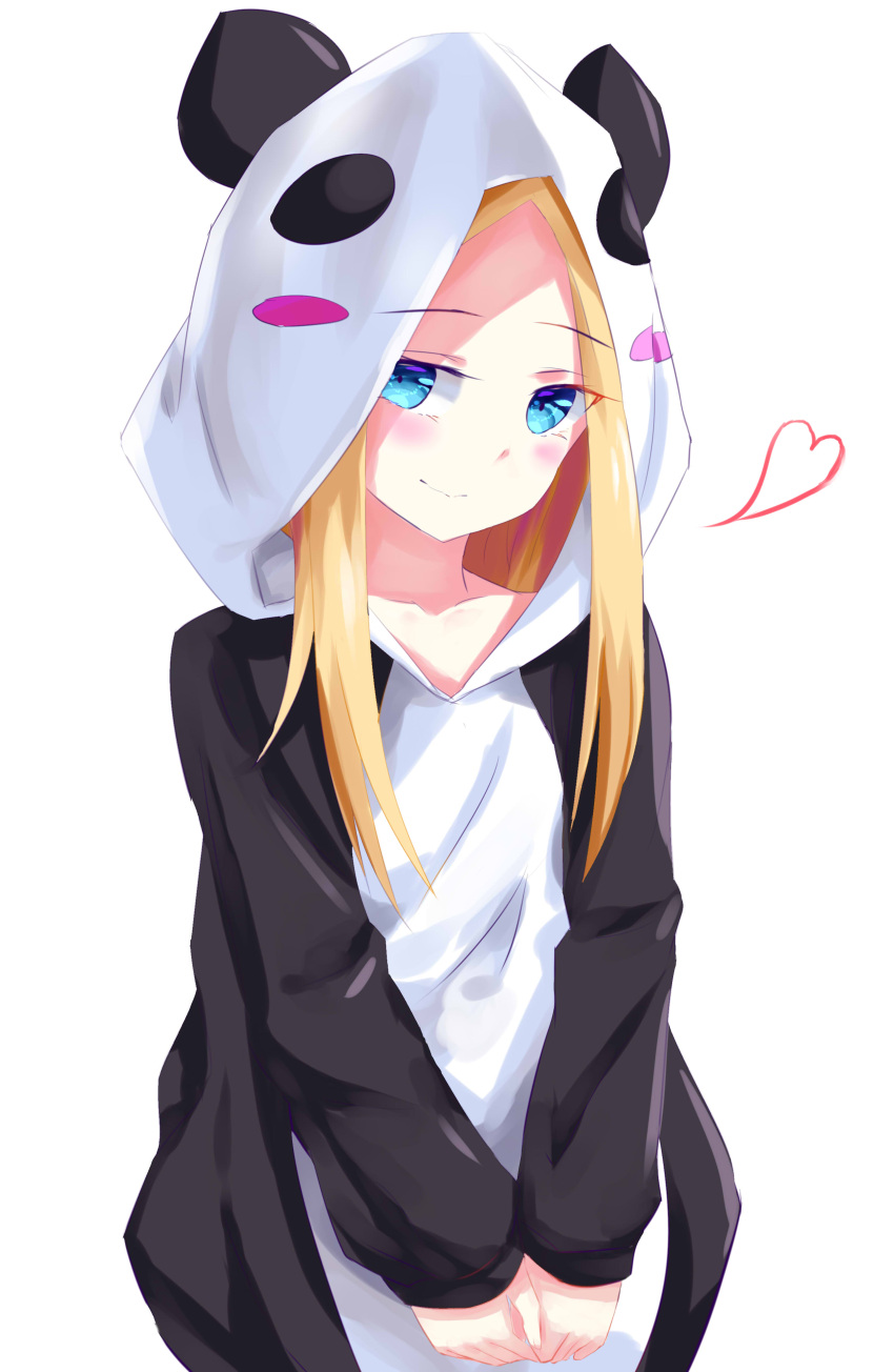 1girl abigail_williams_(fate/grand_order) absurdres amaroku_neko animal_costume animal_ears animal_hood blonde_hair blue_eyes blush collarbone eyebrows_visible_through_hair fake_animal_ears fate/grand_order fate_(series) heart highres hood hood_up long_hair looking_at_viewer panda_costume sidelocks simple_background smile solo standing upper_body white_background