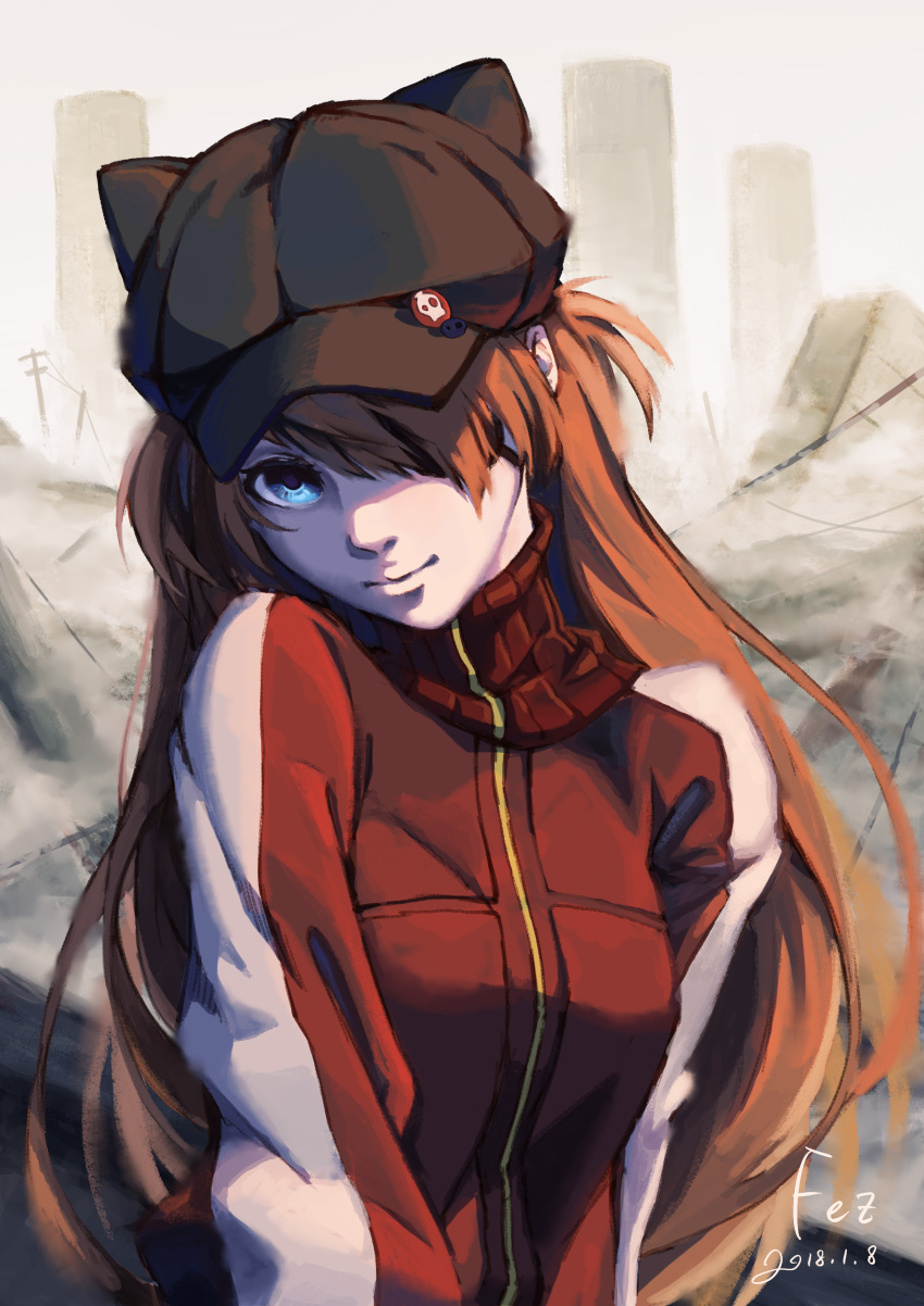 1girl 2018 absurdres animal_ears animal_hat black_hat blue_eyes brown_hair cat_ears dated eyepatch fake_animal_ears hat head_tilt highres long_hair long_sleeves looking_at_viewer neon_genesis_evangelion peaked_cap red_sweater signature skull solo souryuu_asuka_langley sweater turtleneck turtleneck_sweater upper_body very_long_hair xiaobanbei_milk