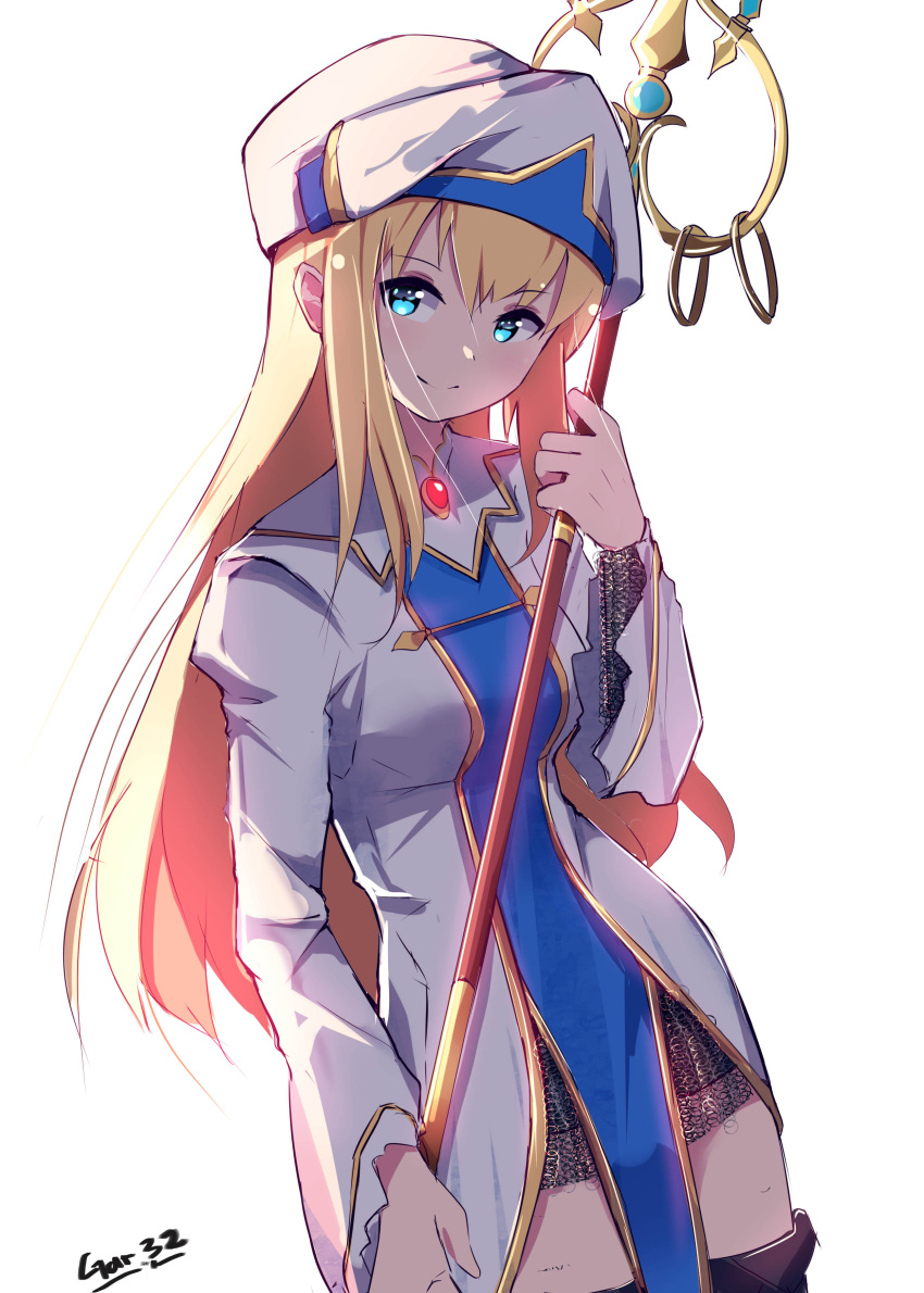 1girl absurdres artist_name blonde_hair blue_eyes chainmail goblin_slayer! hat highres long_hair priestess_(goblin_slayer!) sidelocks sketch smile solo standing tegar32 thigh-highs thighs white_background