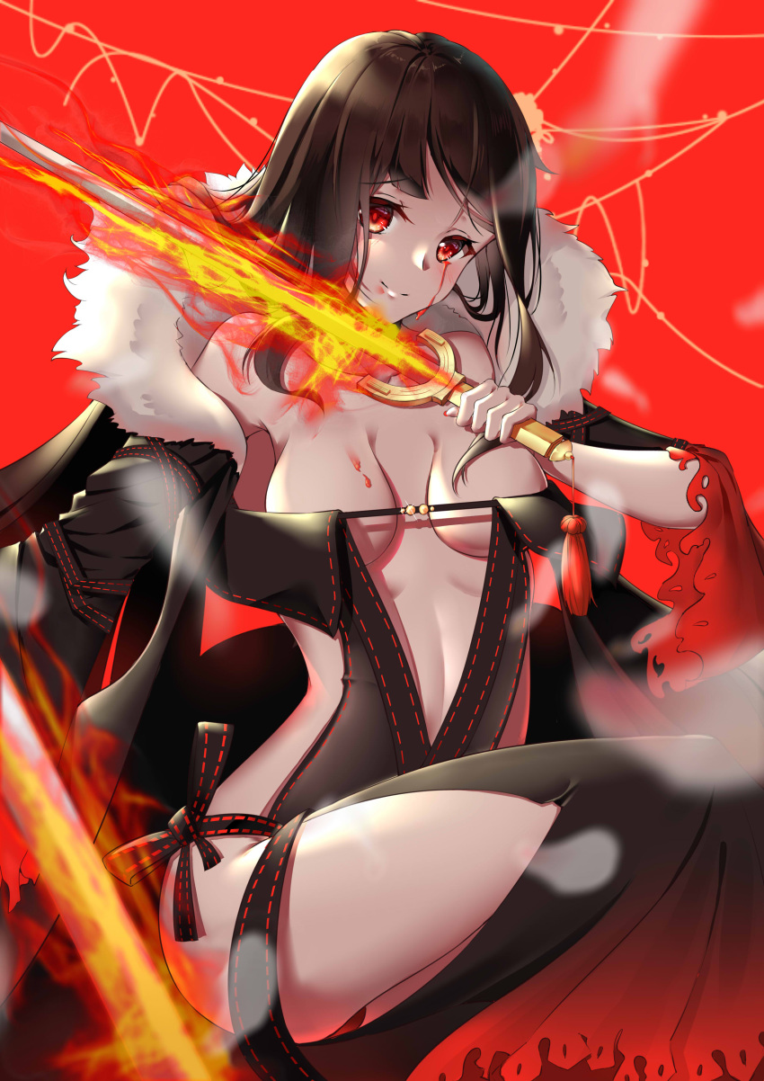 1girl absurdres bangs black_dress black_jacket blood blood_on_breasts bloody_tears blush breasts brown_hair closed_mouth commentary_request consort_yu_(fate) dress eyebrows_visible_through_hair fate/grand_order fate_(series) flaming_sword fur-trimmed_jacket fur_trim head_tilt highres holding holding_sword holding_weapon jacket long_hair long_sleeves medium_breasts off-shoulder_dress off_shoulder open_clothes open_jacket red_background red_eyes sitting smile solo sword weapon wide_sleeves yiyu_qing_mang