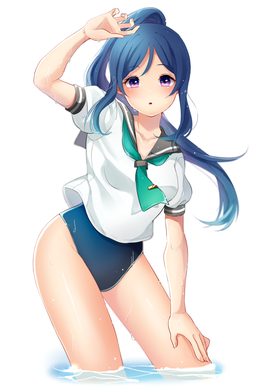 1girl :p arm_up bangs blue_hair blue_swimsuit collarbone contrapposto cropped_legs eyebrows_visible_through_hair floating_hair green_neckwear grey_sailor_collar hair_between_eyes high_ponytail highres long_hair looking_at_viewer love_live! love_live!_sunshine!! matsuura_kanan one-piece_swimsuit parted_bangs sailor_collar shirt short_sleeves shuga_(0329tixi) simple_background solo swimsuit tongue tongue_out very_long_hair violet_eyes wading white_background white_shirt