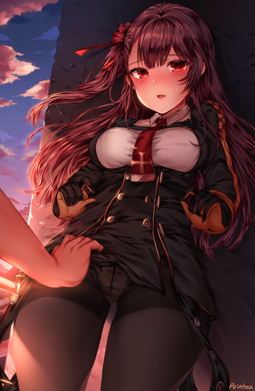 1boy 1girl absurdres bangs black_legwear black_skirt blazer blush breasts double-breasted eyebrows_visible_through_hair framed_breasts girls_frontline glint gloves hair_ribbon half_updo high-waist_skirt highres jacket large_breasts lifted_by_another long_hair looking_at_viewer necktie one_side_up open_mouth painteen pantyhose pelvic_curtain purple_hair red_eyes red_neckwear ribbon shirt skirt skirt_lift taut_clothes thighband_pantyhose very_long_hair wa2000_(girls_frontline)