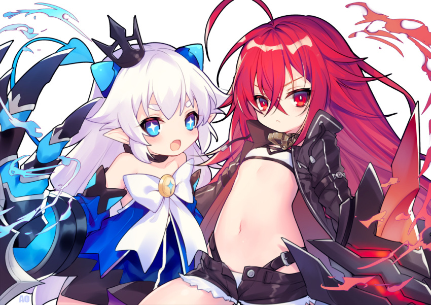 2girls :d ahoge bangs blue_dress blue_eyes blue_sleeves blush bow brown_shorts closed_mouth closers collarbone commentary_request crop_top crossover crown detached_sleeves dress elsword eyebrows_visible_through_hair fang fire hair_between_eyes long_hair luciela_r._sourcream mini_crown multiple_girls open_clothes open_mouth open_shirt panties pointy_ears red_eyes redhead seth_(closers) short_shorts shorts simple_background smile strapless strapless_dress tilted_headwear underwear utm very_long_hair white_background white_bow white_hair white_panties