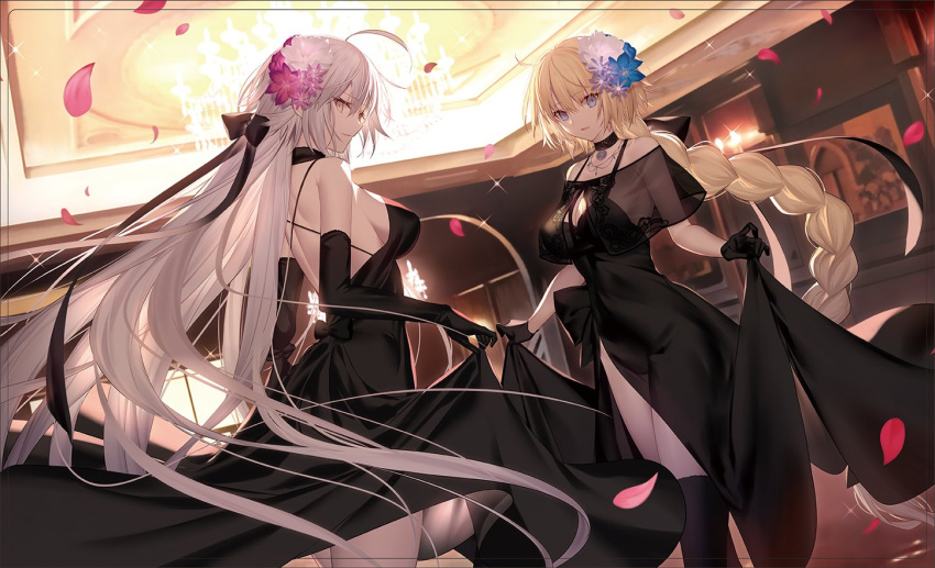 2girls ahoge bangs black_bow black_dress black_gloves black_legwear black_ribbon blonde_hair blush bow braid breasts chandelier choker cleavage dress dress_lift dutch_angle elbow_gloves eyebrows_visible_through_hair fate/grand_order fate_(series) floating_hair flower gloves hair_bow hair_flower hair_ornament hair_ribbon indoors jeanne_d'arc_(alter)_(fate) jeanne_d'arc_(fate)_(all) jewelry kneehighs large_breasts lifted_by_self long_hair looking_at_viewer multiple_girls necklace open_mouth parted_lips petals ribbon see-through shinooji silver_hair single_braid smile sparkle very_long_hair yellow_eyes