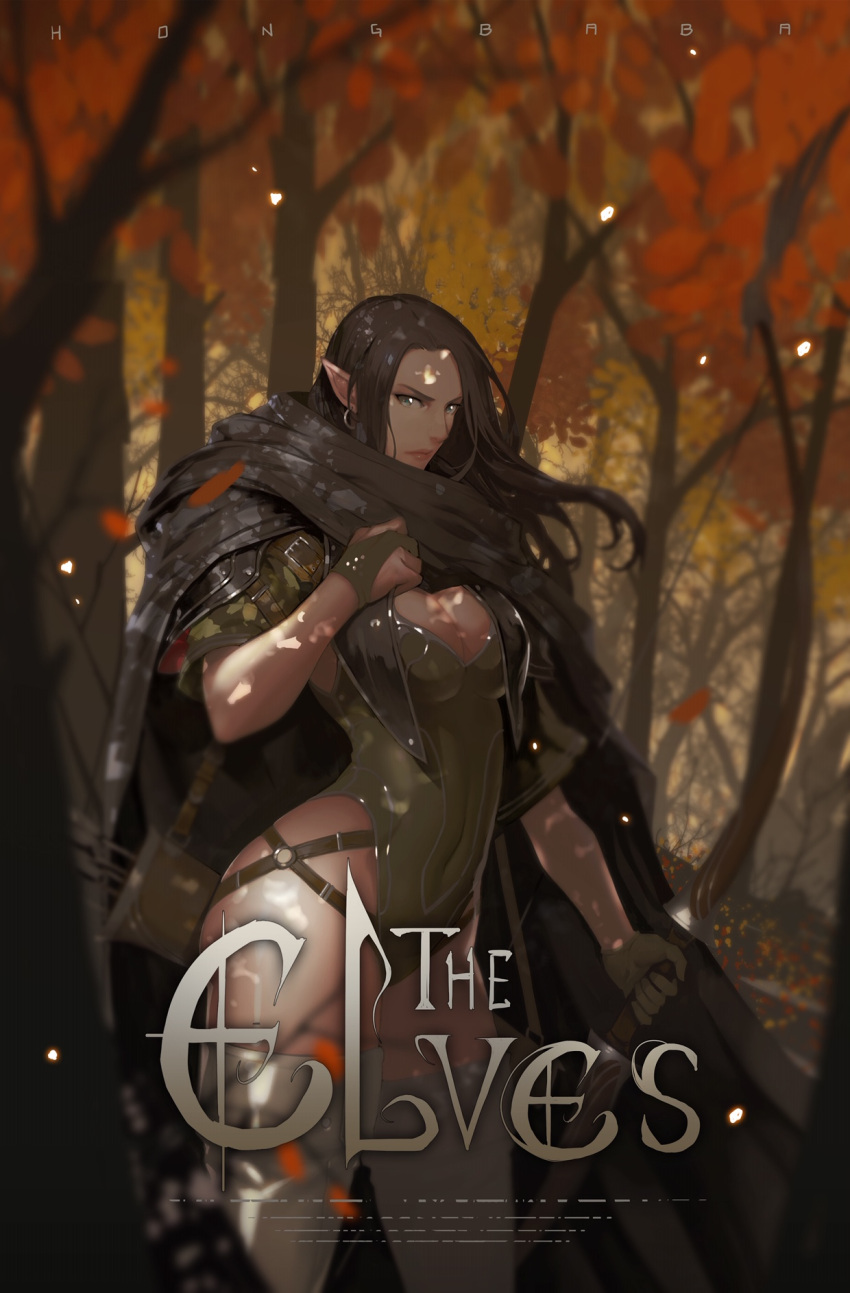 1girl arrow autumn autumn_leaves belt black_hair blue_eyes boots bow bow_(weapon) breasts bridal_gauntlets cape cover covered_navel earrings elf falling_leaves forest high_heel_boots high_heels highres hong_soon-jae hoop_earrings jewelry large_breasts leaf leotard lips long_hair looking_at_viewer nature original pointy_ears puffy_sleeves quiver serious shadow simple_background solo thigh-highs thigh_boots tree very_long_hair weapon white_background