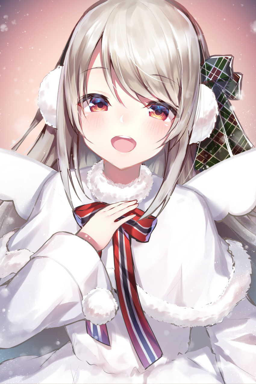 1girl :d bangs blush bow bowtie capelet commentary_request dress earmuffs elu_(nijisanji) eyebrows_visible_through_hair fur_trim green_bow hair_bow half-closed_eyes hand_on_own_chest hand_up highres long_hair long_sleeves looking_at_viewer nijisanji open_mouth plaid plaid_bow red_eyes red_neckwear sidelocks silver_hair smile snowing solo striped striped_neckwear swept_bangs topia upper_body upper_teeth virtual_youtuber white_capelet white_dress wide_sleeves wings