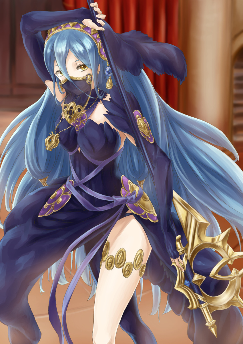 1girl absurdres aqua_(fire_emblem_if) arm_up asymmetrical_legwear black_sleeves blue_dress blue_hair blue_legwear blue_panties bridal_gauntlets detached_sleeves dress fire_emblem fire_emblem_if floating_hair hair_between_eyes highres holding_polearm ikasutaku jewelry long_dress long_hair long_sleeves looking_at_viewer necklace nintendo outdoors panties see-through side_slit sleeveless sleeveless_dress solo standing thighlet underwear veil very_long_hair yellow_eyes