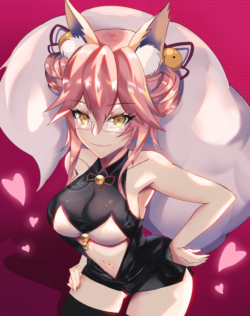 1girl alternate_hairstyle animal_ear_fluff animal_ears breasts collarbone fate/grand_order fate_(series) fox_ears fox_girl fox_tail glasses hands_on_hips heart highres koyanskaya kuroha_(rockluo213) large_breasts looking_at_viewer navel pink_hair smile solo tail tamamo_(fate)_(all) under_boob yellow_eyes