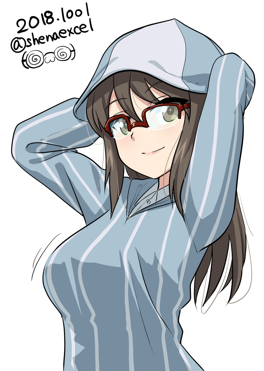 1girl absurdres arms_behind_head bangs blue_hat blue_shirt brown_eyes brown_hair closed_mouth commentary dated dress_shirt excel_(shena) eyebrows_visible_through_hair girls_und_panzer glasses glasses_day hat highres keizoku_school_uniform lips long_hair long_sleeves looking_at_viewer mika_(girls_und_panzer) over-rim_eyewear red-framed_eyewear school_uniform semi-rimless_eyewear shirt simple_background smile solo standing striped striped_shirt twitter_username upper_body vertical-striped_shirt vertical_stripes watermark white_background white_shirt