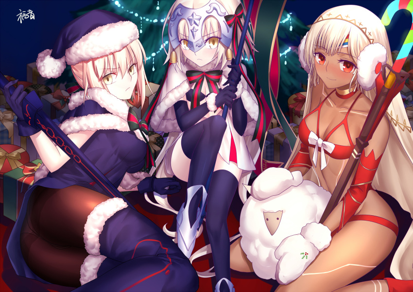 3girls ahoge altera_(fate) altera_the_santa artoria_pendragon_(all) bangs bare_shoulders black_bikini_top black_dress black_gloves black_legwear black_ribbon blonde_hair blush boots bow braid breasts cape capelet choker collarbone commentary dark_excalibur dark_skin detached_sleeves dress earmuffs elbow_gloves english_commentary eyebrows_visible_through_hair fate/grand_order fate_(series) french_braid fur-trimmed_capelet fur_trim gloves gogatsu_fukuin green_bow green_ribbon hair_bun hat headpiece highres jeanne_d'arc_(fate)_(all) jeanne_d'arc_alter_santa_lily long_hair looking_at_viewer midriff mittens multiple_girls navel pantyhose red_eyes revealing_clothes ribbon sack santa_alter santa_costume santa_hat sheep short_hair sitting small_breasts striped striped_bow striped_ribbon thigh-highs thighs veil very_long_hair white_capelet white_hair yellow_eyes