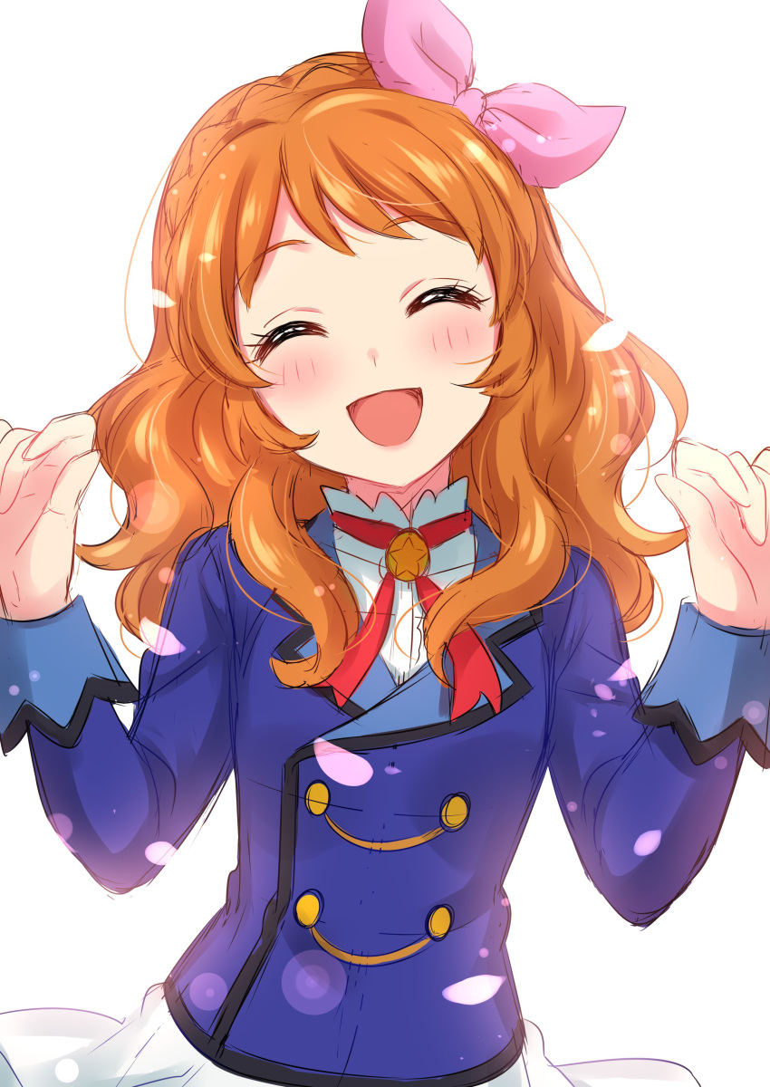 1girl :d absurdres aikatsu! aikatsu!_(series) blue_jacket bow braid brown_hair closed_eyes commentary_request eyebrows_visible_through_hair facing_viewer hair_bow hands_up highres jacket long_hair long_sleeves neck_ribbon oozora_akari open_mouth pink_bow red_neckwear red_ribbon ribbon sekina skirt smile solo upper_body white_skirt