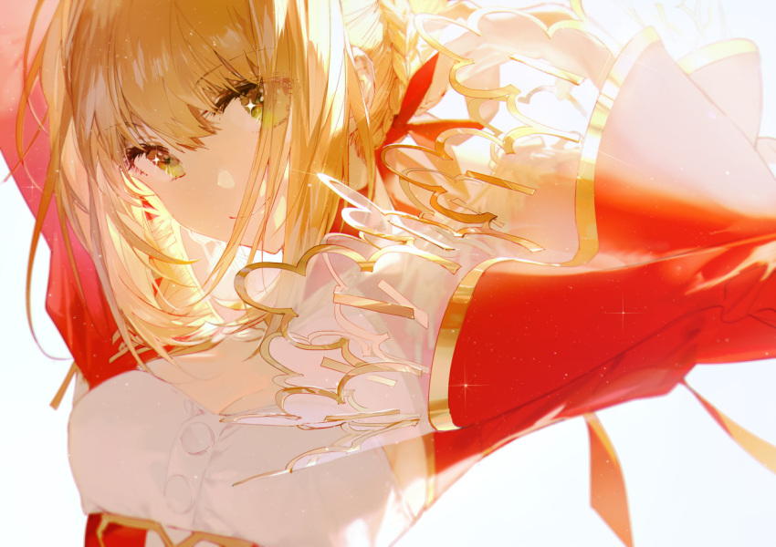 1girl arms_up bangs blonde_hair braid breasts cleavage closed_mouth commentary_request dress eyebrows_visible_through_hair fate/grand_order fate_(series) french_braid green_eyes hair_bun hair_intakes juliet_sleeves long_sleeves looking_at_viewer nero_claudius_(fate) nero_claudius_(fate)_(all) puffy_sleeves red_dress rella see-through smile wide_sleeves