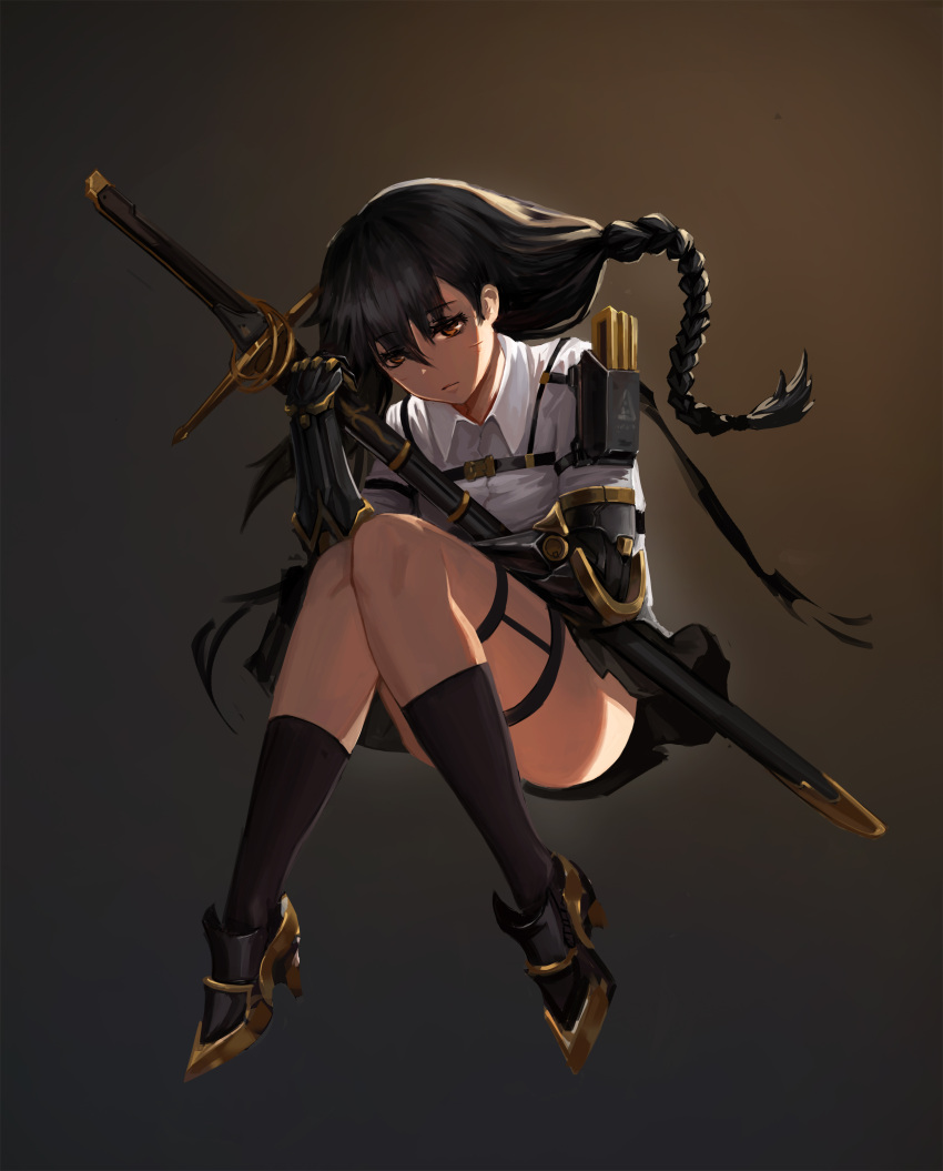 1girl absurdres alcoholism_(wf446066985) bangs black_hair black_legwear braid breasts brown_eyes chest_strap closed_mouth hair_between_eyes highres holding holding_sword holding_weapon knees_together_feet_apart long_hair looking_at_viewer mecha_musume mechanical_arms original shirt simple_background single_braid solo strap sword weapon white_shirt