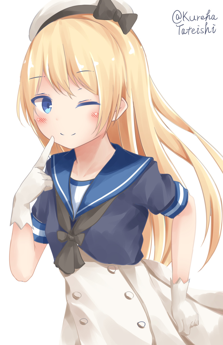 1girl ;) absurdres bangs beret black_bow black_neckwear blonde_hair blue_eyes blue_sailor_collar blue_shirt blush bow closed_mouth dress eyebrows_visible_through_hair gloves hamayuu_(litore) hat highres index_finger_raised jervis_(kantai_collection) kantai_collection long_hair one_eye_closed sailor_collar shirt short_sleeves simple_background smile solo tilted_headwear twitter_username very_long_hair white_background white_dress white_gloves white_hat
