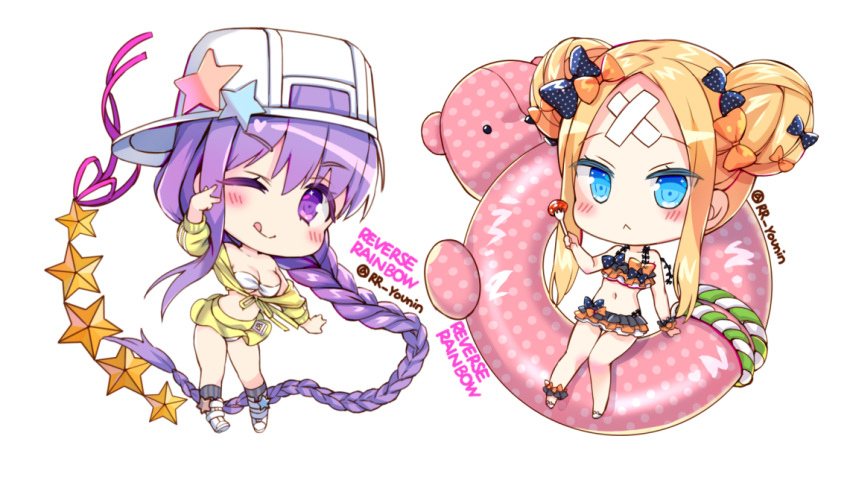 2girls :&lt; ;q abigail_williams_(fate/grand_order) absurdly_long_hair arm_up backwards_hat bangs bare_shoulders baseball_cap bb_(fate)_(all) bb_(swimsuit_mooncancer)_(fate) bikini black_bikini black_bow blonde_hair blue_eyes blush bow braid breasts chibi cleavage closed_mouth collarbone commentary_request double_bun emerald_float eyebrows_visible_through_hair fate/grand_order fate_(series) fork grey_legwear hair_between_eyes hair_bow hat holding holding_fork jacket jin_young-in kneehighs long_hair long_sleeves looking_at_viewer medium_breasts multiple_girls off_shoulder one_eye_closed orange_bow parted_bangs polka_dot polka_dot_bow purple_hair side_bun sidelocks simple_background single_braid skirt smile star striped striped_legwear swimsuit tongue tongue_out twitter_username v_over_eye vertical-striped_legwear vertical_stripes very_long_hair violet_eyes white_background white_bikini white_footwear white_hat yellow_jacket yellow_skirt