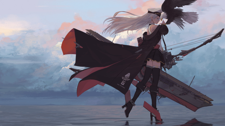 1girl absurdres arm_up azur_lane bald_eagle bangs bare_shoulders bird black_coat blue_sky boots bow_(weapon) clothes_writing clouds coat collared_shirt commentary compound_bow day dishwasher1910 eagle english_commentary enterprise_(azur_lane) flight_deck floating_hair from_side hair_between_eyes hat high_heel_boots high_heels highres holding holding_bow_(weapon) holding_weapon horizon long_hair military military_hat miniskirt necktie official_art open_clothes open_coat outdoors peaked_cap rigging ripples rudder_shoes serious shirt sidelocks silver_hair skirt sky sleeveless sleeveless_shirt standing thigh-highs violet_eyes walking walking_on_liquid water weapon white_hat wind wind_lift