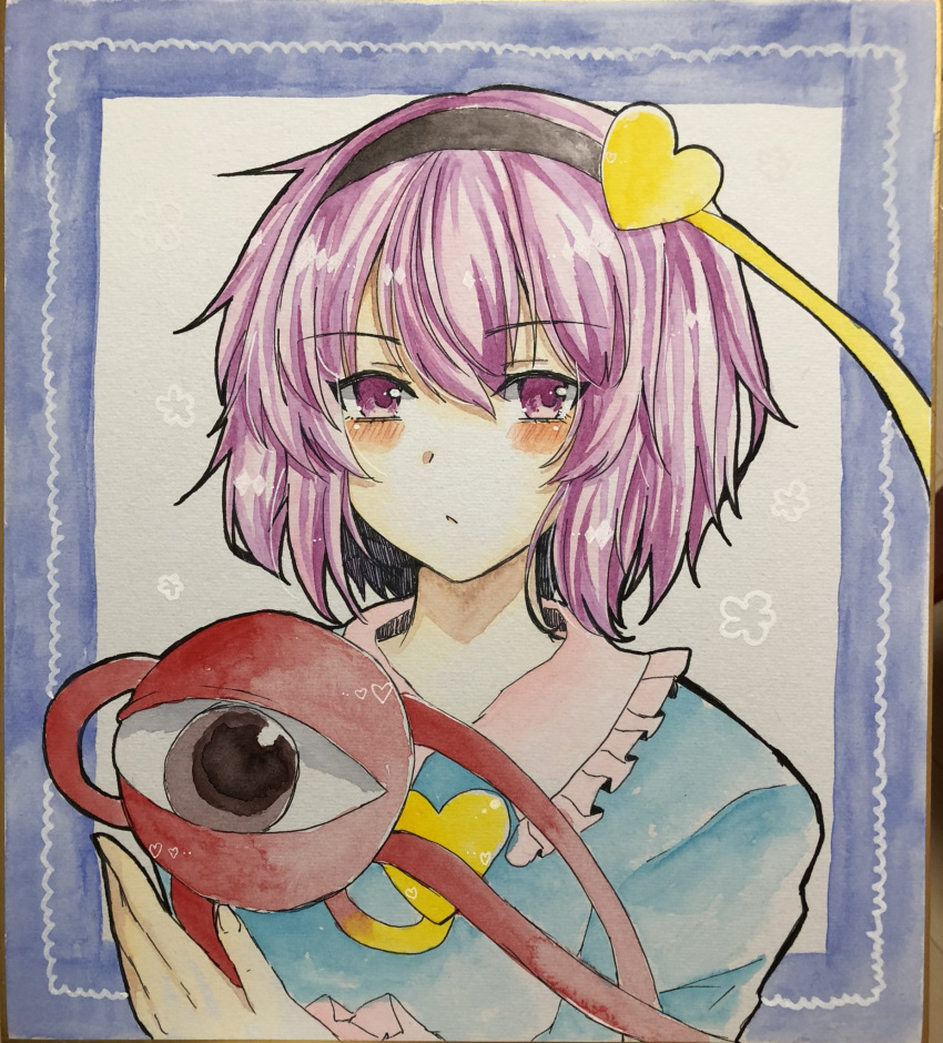 1girl blue_dress blush closed_mouth collared_dress commentary_request dress eyebrows_visible_through_hair fingernails hair_between_eyes hairband heart highres komeiji_satori looking_at_viewer photo purple_hair solo tanaji third_eye touhou traditional_media violet_eyes