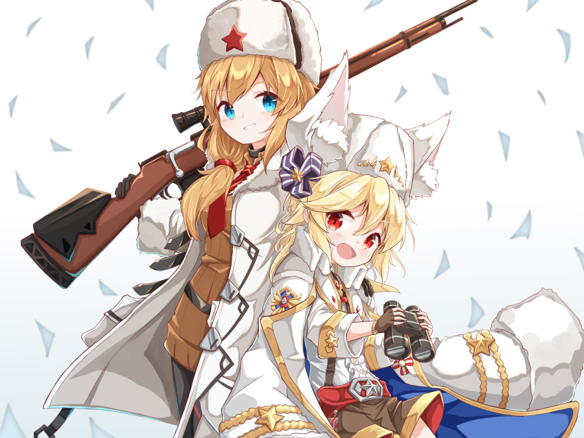 2girls :d absurdres animal_ear_fluff animal_ears bangs belt belt_buckle binoculars black_gloves black_legwear blonde_hair blue_eyes blush bolt_action breasts brown_gloves brown_shorts brown_sweater buckle center_frills coat commentary_request eyebrows_visible_through_hair fingerless_gloves frills fur-trimmed_coat fur_hat fur_trim girls_frontline gloves grin gun hair_between_eyes hat head_tilt highres holding holding_binoculars holding_gun holding_weapon jacket long_hair long_sleeves looking_at_viewer matsuo_(matuonoie) medium_breasts mosin-nagant mosin-nagant_(girls_frontline) multiple_girls nagant_revolver_(girls_frontline) object_namesake open_mouth pantyhose red_belt red_eyes red_star ribbed_sweater rifle scope shirt short_shorts shorts smile star sweater ushanka weapon white_background white_coat white_hat white_jacket white_shirt wide_sleeves