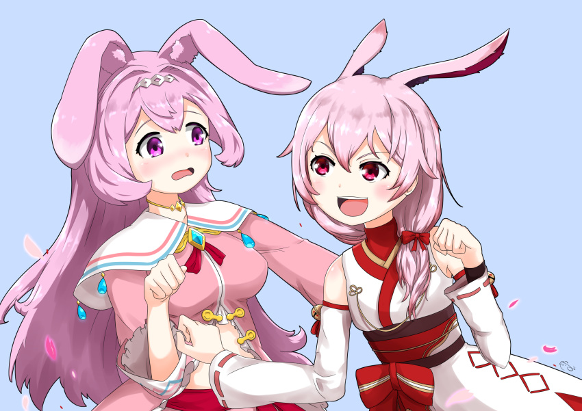 2girls animal_ears circlet dragalia_lost hair_ornament highres honkai_impact long_hair long_sleeves melsa midriff multiple_girls pink_eyes pink_hair rabbit_ears ribbon roots theresa_apocalypse violet_eyes wide_sleeves