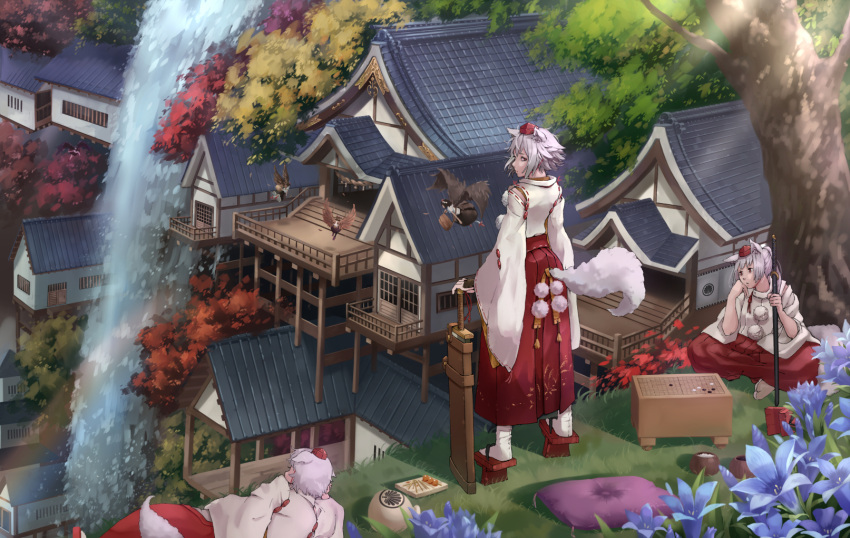 6+girls animal_ears bag black_skirt black_wings blue_flower board_game brown_wings building commentary_request day detached_sleeves flower flying food geta hakama_skirt hat highres himekaidou_hatate house inubashiri_momiji light_rays long_sleeves looking_at_viewer lying multiple_girls nagi_(xx001122) nature on_side outdoors pillow pleated_skirt pom_pom_(clothes) pot red_eyes red_footwear red_hat red_skirt rice shameimaru_aya sheath sheathed short_hair shougi shoulder_bag silver_hair sitting skirt standing sunbeam sunlight sword tabi tail tengu tengu-geta tokin_hat touhou tree water waterfall weapon white_legwear wide_sleeves wings wolf_ears wolf_tail