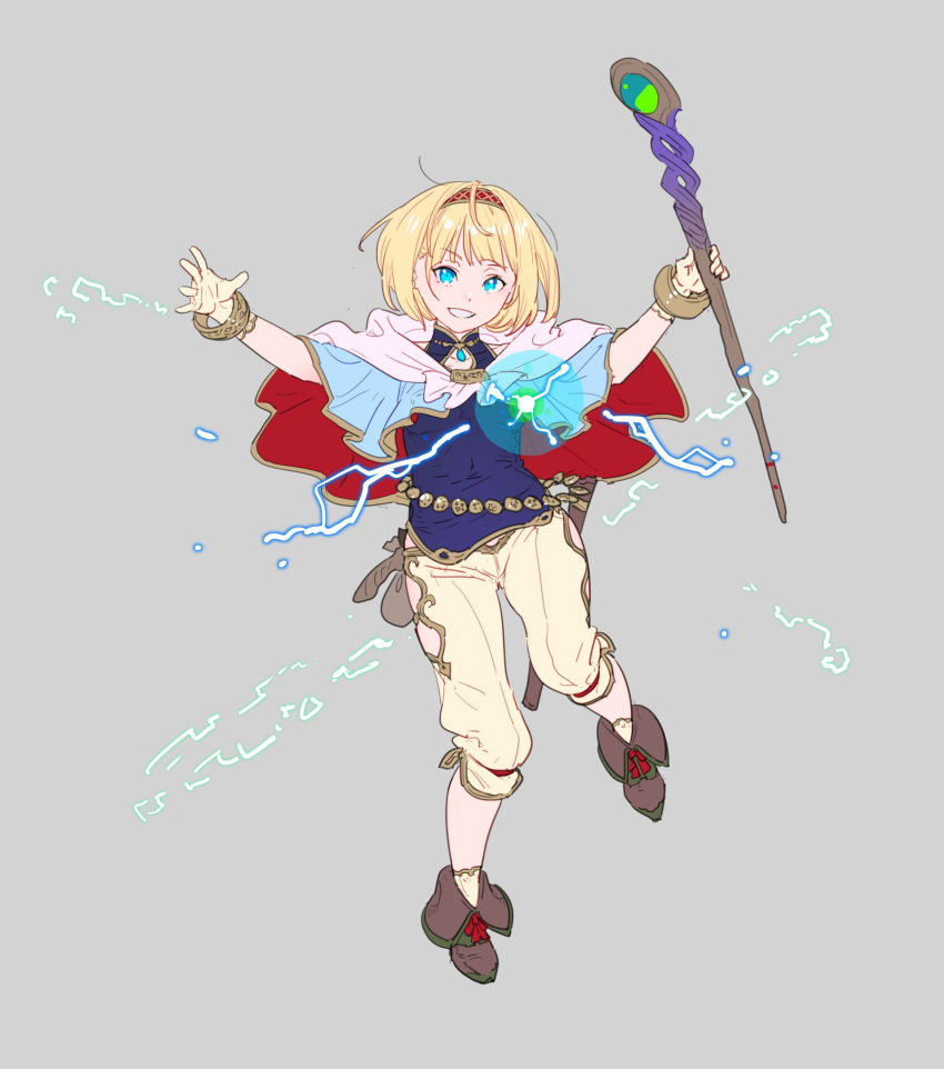 1girl :d blonde_hair blue_eyes blue_shirt bracelet brown_footwear cape commentary_request full_body grey_background grey_pants hairband highres holding jewelry looking_at_viewer multicolored multicolored_cape multicolored_clothes nagisa_kurousagi necklace open_mouth original outstretched_arms pants pink_cape red_cape shirt short_hair simple_background smile solo sparkle spread_arms staff