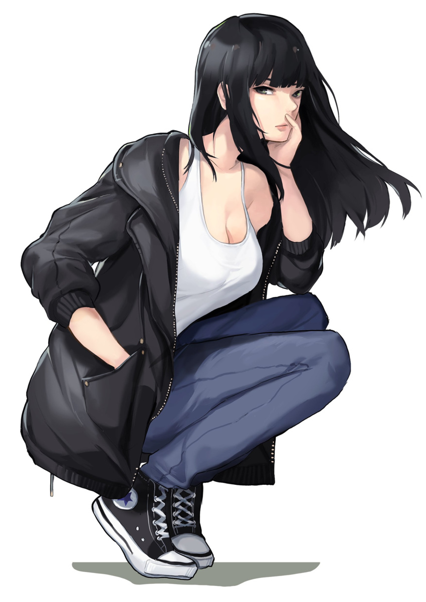 1girl absurdres bangs black_hair black_jacket breasts casual cleavage closed_mouth commentary converse denim english_commentary grey_eyes hand_in_pocket hand_on_own_cheek highres jacket jeans large_breasts long_hair looking_at_viewer naoko_(9113419) original pants shoes sneakers squatting white_tank_top