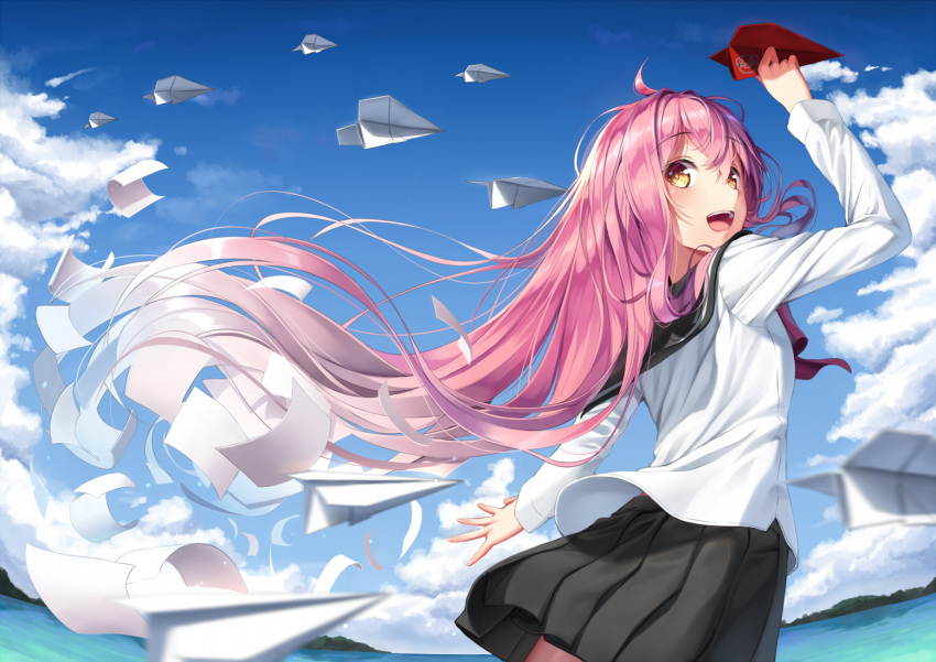 1girl ahoge bangs black_skirt blue_sky clouds floating_hair from_side gradient_hair holding long_hair long_sleeves looking_at_viewer looking_back multicolored_hair neck_ribbon ocean open_mouth original outdoors paper paper_airplane pink_hair pink_ribbon pleated_skirt ribbon sailor_collar school_uniform shirt sidelocks skirt sky superpig very_long_hair white_hair white_shirt wind wind_lift yellow_eyes