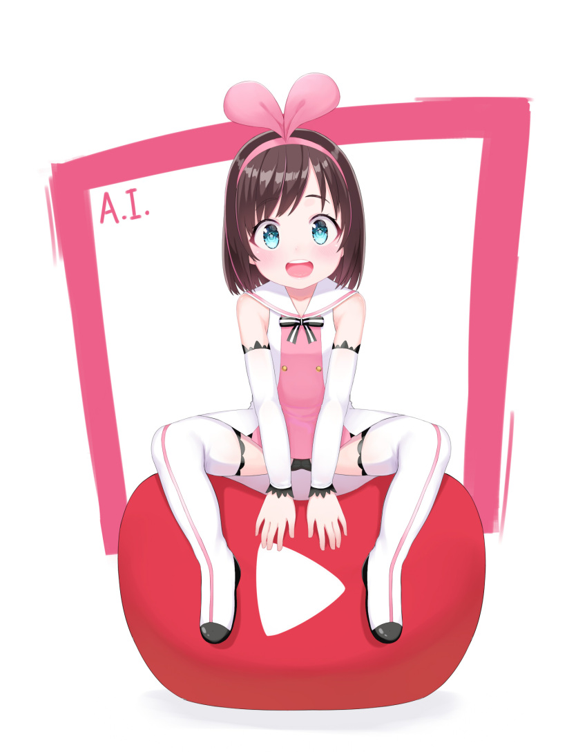 1girl :d a.i._channel atg_(wttoo0202) black_bow blue_sailor_collar blush boots bow breasts brown_hair character_name collarbone commentary_request detached_sleeves dress hair_ribbon hairband highres kizuna_ai long_sleeves looking_at_viewer multicolored_hair open_mouth pink_hair pink_hairband pink_ribbon ribbon round_teeth sailor_collar sailor_dress short_dress small_breasts smile solo streaked_hair striped striped_bow teeth thigh-highs thigh_boots upper_teeth virtual_youtuber white_dress white_footwear white_legwear white_sleeves
