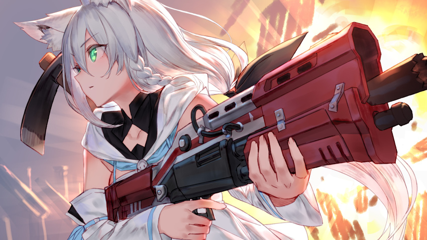 1girl absurdres ahoge animal_ears blue_eyes blush braid breasts collarbone detached_sleeves explosion eyebrows_visible_through_hair fox fox_ears fox_girl hair_between_eyes highres holding holding_weapon hololive izumi_sai long_hair official_art parted_lips pickaxe shirakami_fubuki shoulders side_braid solo tied_hair virtual_youtuber weapon white_hair