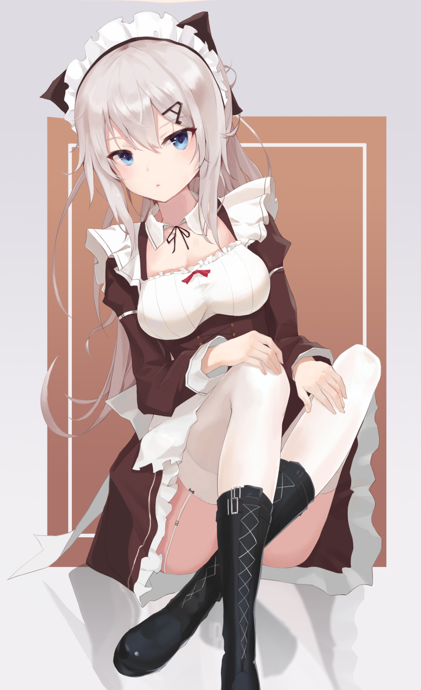 1girl 9a-91_(girls_frontline) absurdres ankle_boots ass bangs black_bow black_dress black_footwear blue_eyes boots bow breasts commentary cross-laced_footwear dress eyebrows_visible_through_hair frilled_dress frills garter_straps girls_frontline hair_between_eyes hair_bow hair_ornament hairclip highres juliet_sleeves knees_up long_hair long_sleeves looking_at_viewer maid maid_headdress medium_breasts parted_lips puffy_sleeves revision serika sidelocks silver_hair sitting taut_clothes thigh-highs underbust victorian_maid white_bow white_legwear