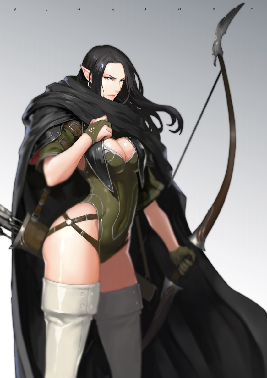 1girl arrow belt black_hair blue_eyes boots bow bow_(weapon) breasts bridal_gauntlets cape covered_navel earrings elf high_heel_boots high_heels highres hong_soon-jae hoop_earrings jewelry large_breasts leotard lips long_hair looking_at_viewer original pointy_ears puffy_sleeves quiver serious simple_background solo thigh-highs thigh_boots very_long_hair weapon white_background